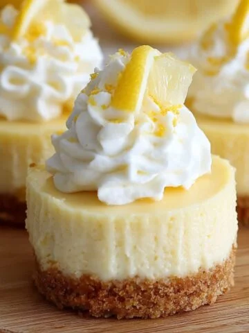 Homemade mini lemon cheesecakes with a golden graham cracker crust, topped with whipped cream, lemon zest, and a fresh lemon slice, displayed on a wooden board.