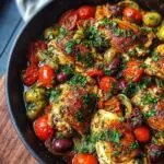Homemade One Pan Mediterranean Chicken with crispy golden thighs simmered in tomatoes, olives, herbs, and pan juices in a rustic skillet.