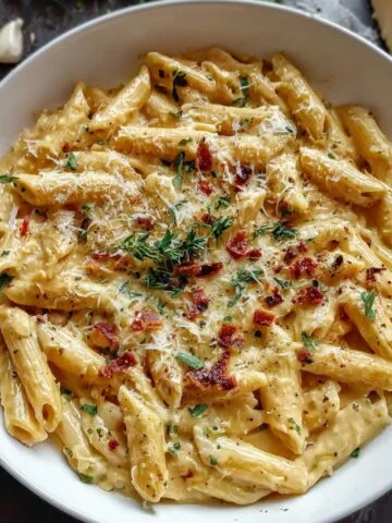 Homemade One Pot Creamy Garlic Pasta coated in a rich white sauce, topped with chopped parsley and red pepper flakes, served in a white dish on a dark surface.