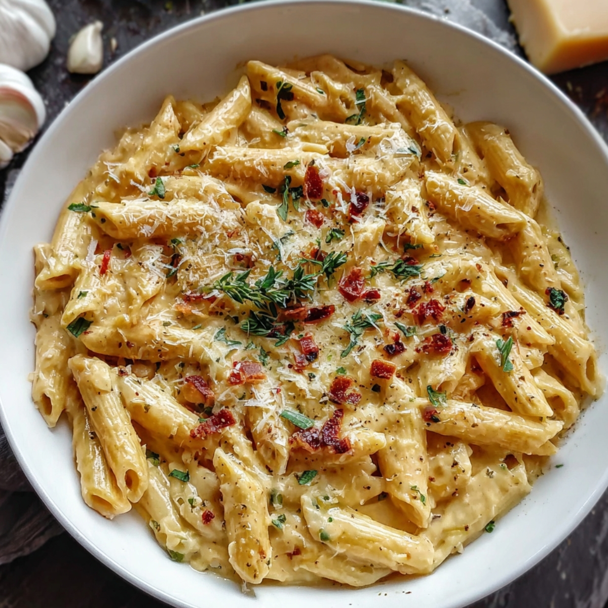 Homemade One Pot Creamy Garlic Pasta coated in a rich white sauce, topped with chopped parsley and red pepper flakes, served in a white dish on a dark surface.