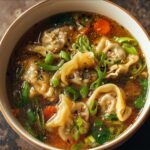Homemade potsticker soup with dumplings, scallions, and sesame seeds in a rich golden broth.