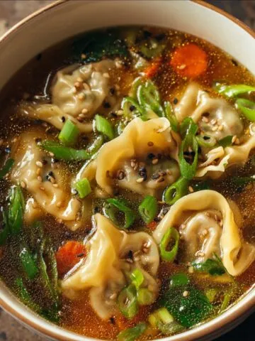 Homemade potsticker soup with dumplings, scallions, and sesame seeds in a rich golden broth.