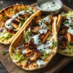 Homemade Sheet Pan Chicken Pitas filled with juicy roasted chicken, red onions, and green peppers, topped with creamy tzatziki sauce and fresh herbs, served on warm pita bread with lemon wedges on the side.