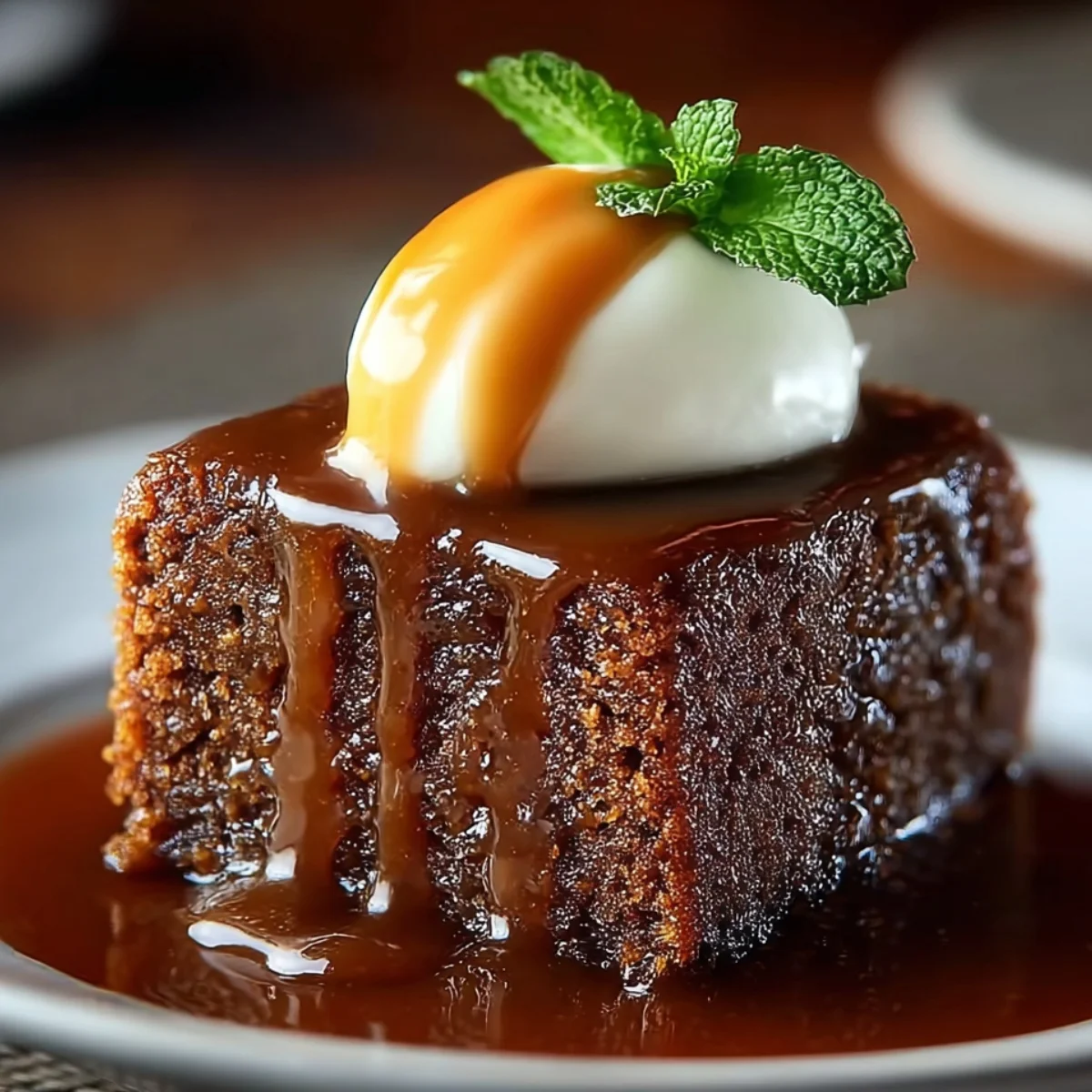 Homemade Sticky Toffee Pudding covered in warm toffee sauce, topped with a scoop of melting vanilla ice cream while more sauce is being poured over it.