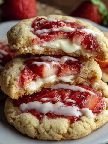 Homemade Strawberry Cheesecake Cookies topped with glossy strawberry filling and creamy drizzle, showing soft, gooey centers and fresh strawberry pieces.