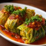 Homemade stuffed cabbage rolls topped with chunky tomato sauce and fresh parsley on a white serving plate.
