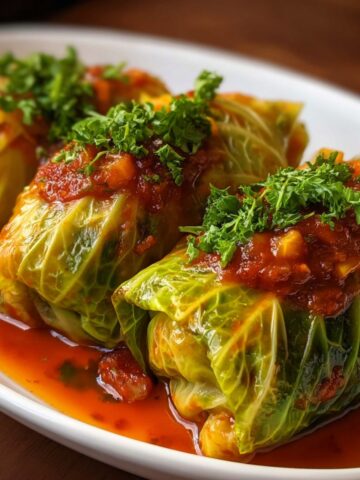 Homemade stuffed cabbage rolls topped with chunky tomato sauce and fresh parsley on a white serving plate.