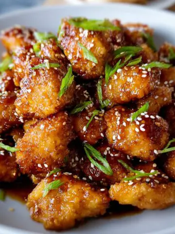 Honey Garlic Chicken Bites coated in a sticky glaze, topped with sesame seeds and sliced green onions on a plate.