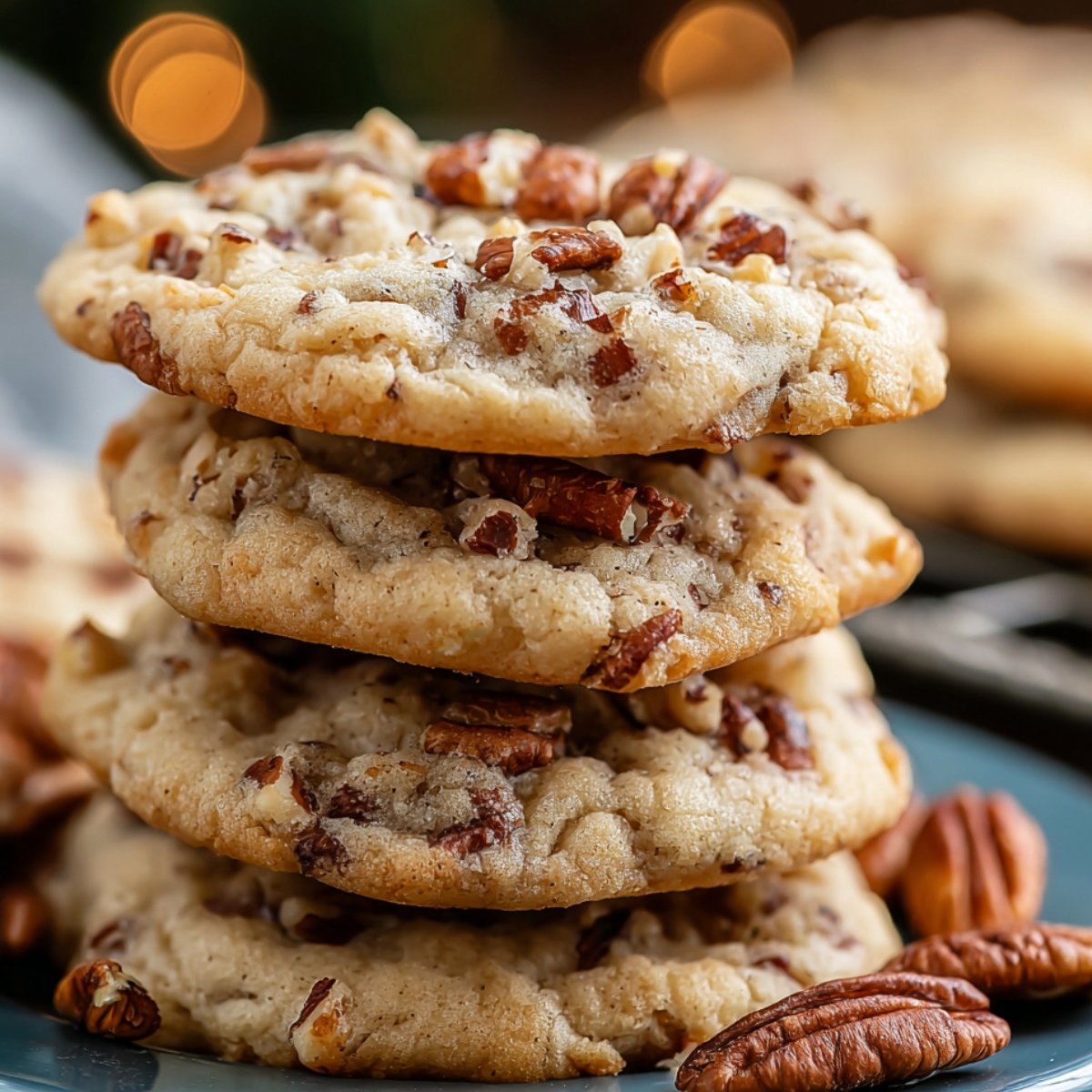 Stack of homemade butter pecan cookies filled with toasted pecans on a plate.