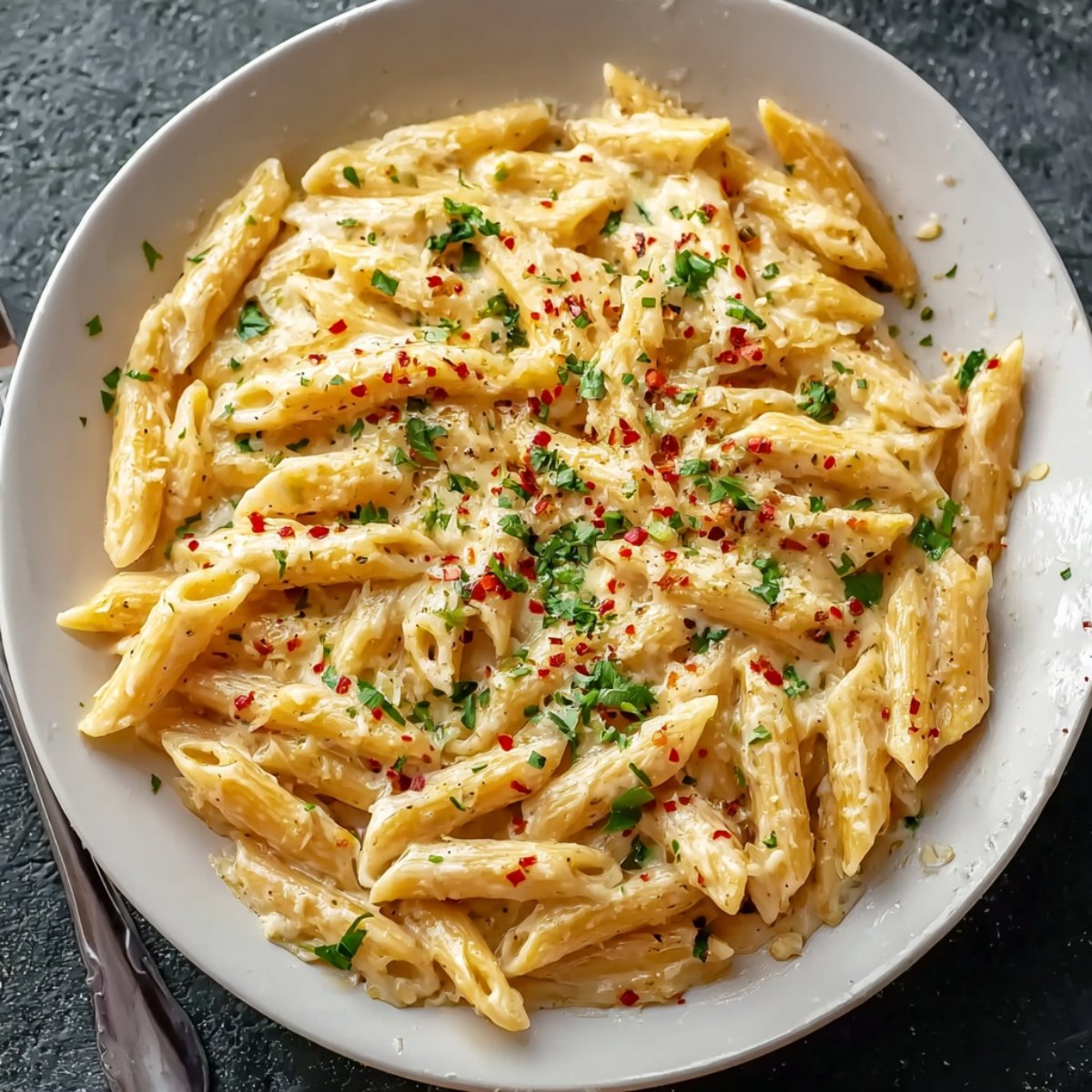 A bowl of creamy garlic penne pasta topped with crispy bacon bits, fresh herbs, and grated cheese, served in a white dish on a rustic dark surface.