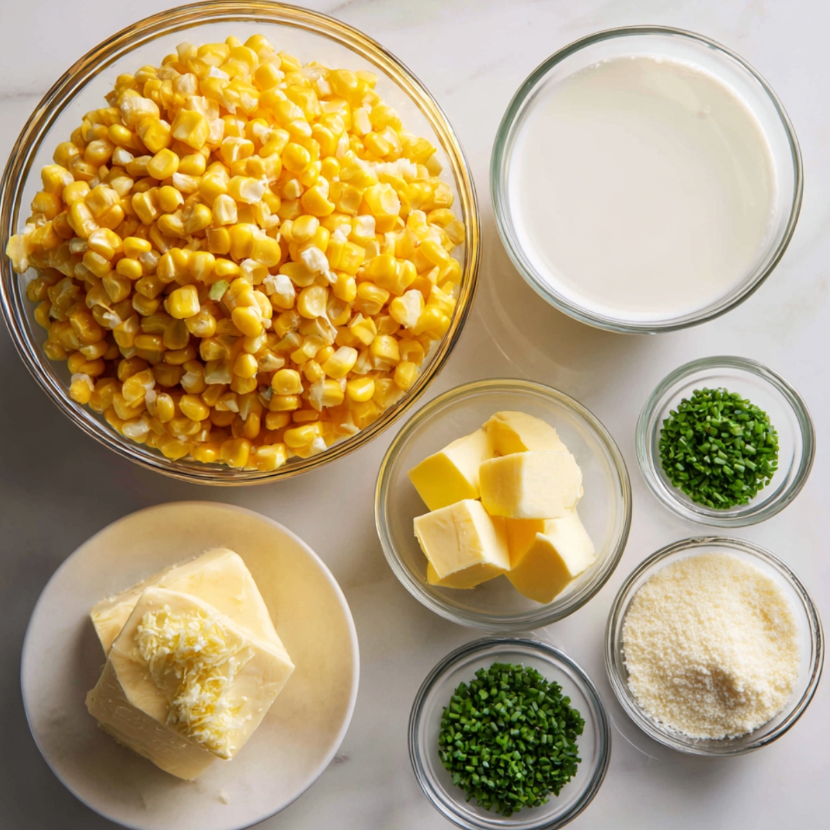 Fresh creamed corn ingredients arranged in bowls, including corn, cream, butter, Parmesan, and chopped chives on a kitchen counter.