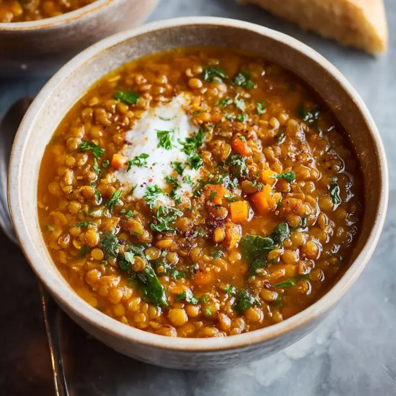 A warm bowl of homemade lentil soup topped with fresh herbs and a swirl of cream, served with bread on the side.