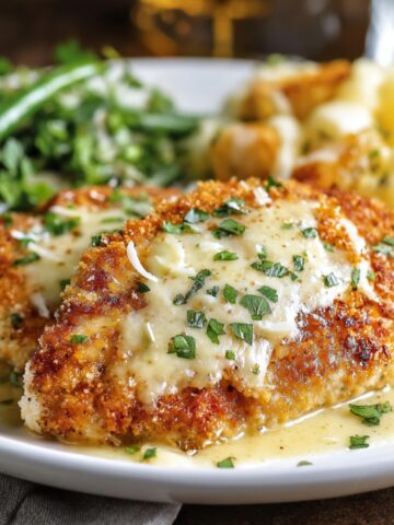 Longhorn Steakhouse Parmesan Chicken topped with melted cheese and parsley, served with green beans and roasted potatoes on a white plate.