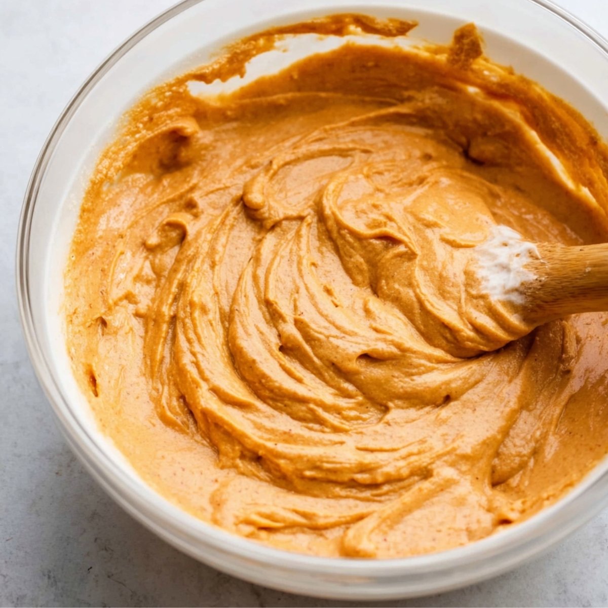 A bowl of homemade pumpkin cheesecake batter being mixed with a wooden spoon for pumpkin swirl cheesecake.