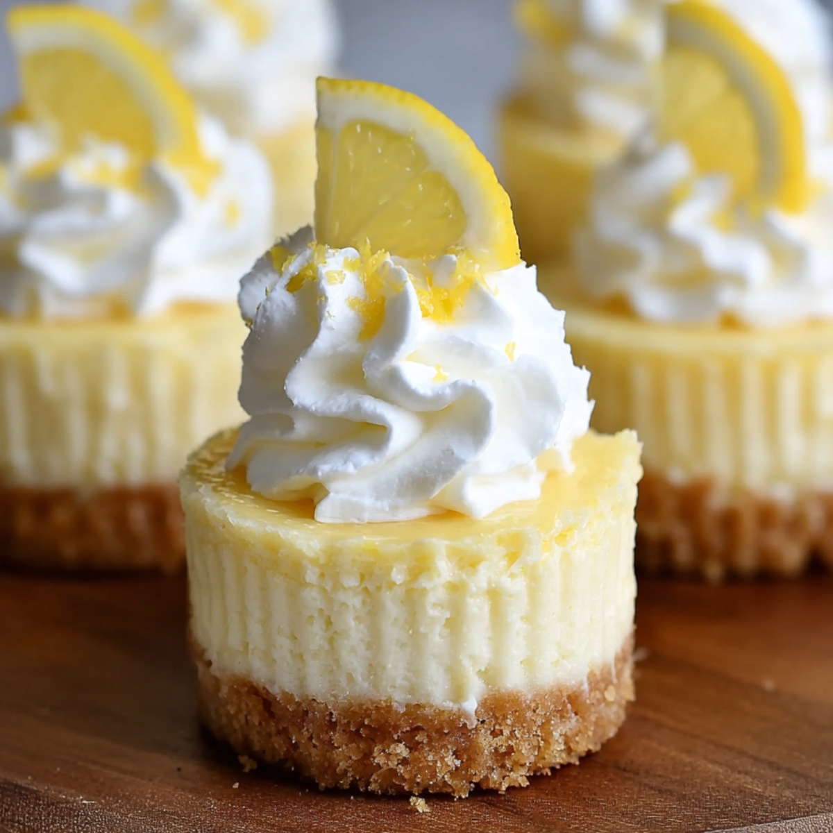 Homemade mini lemon cheesecakes with a buttery graham cracker crust, topped with whipped cream, lemon zest, and a fresh lemon slice, arranged on a wooden surface.