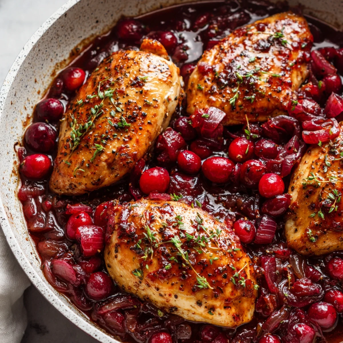 Homemade cranberry orange chicken simmering in a skillet with fresh cranberries, caramelized onions, and herbs in a rich, glossy sauce.