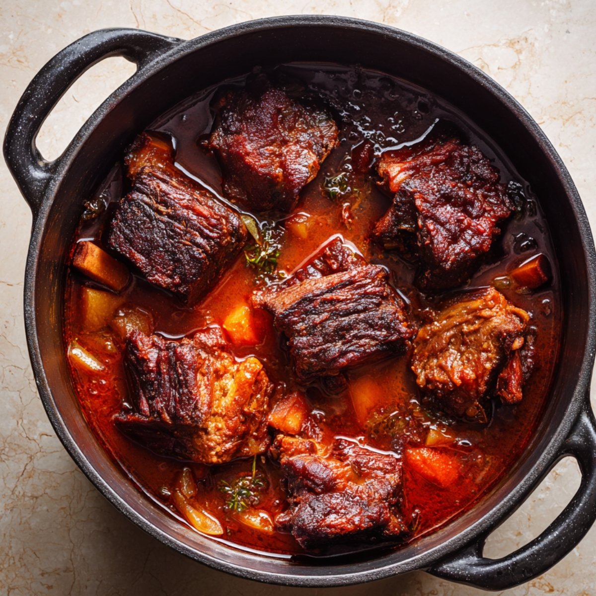 Braised short ribs simmering in a pot with vegetables and rich red sauce.