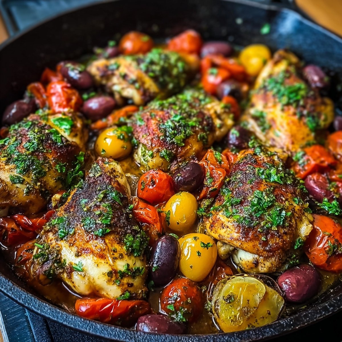 One Pan Mediterranean Chicken with crispy golden thighs, burst tomatoes, olives, and fresh herbs simmering in a cast-iron skillet.