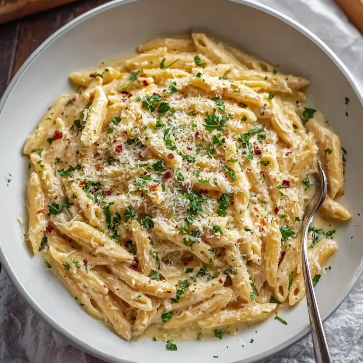 One Pot Creamy Garlic Pasta covered in a rich white sauce, topped with parsley, grated cheese, and red pepper flakes, served with a spoon in a white bowl on a wooden table.