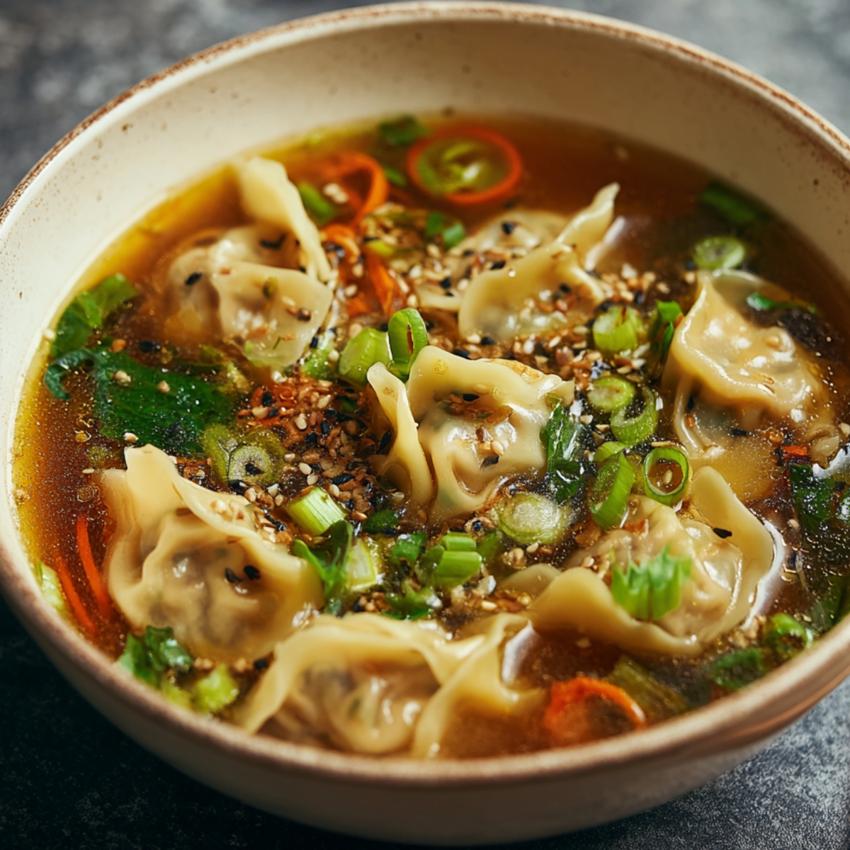 Bowl of homemade potsticker soup with dumplings, green onions, sesame seeds, and vegetables in rich broth.