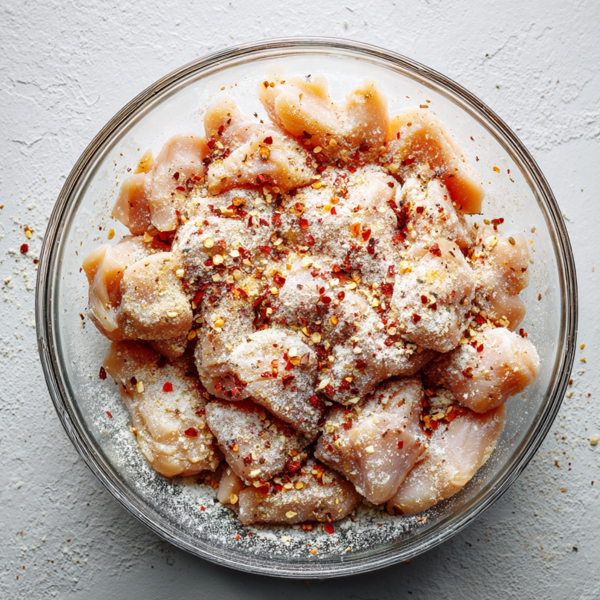 Raw chicken pieces in a glass bowl coated with flour, garlic powder, and red pepper flakes.