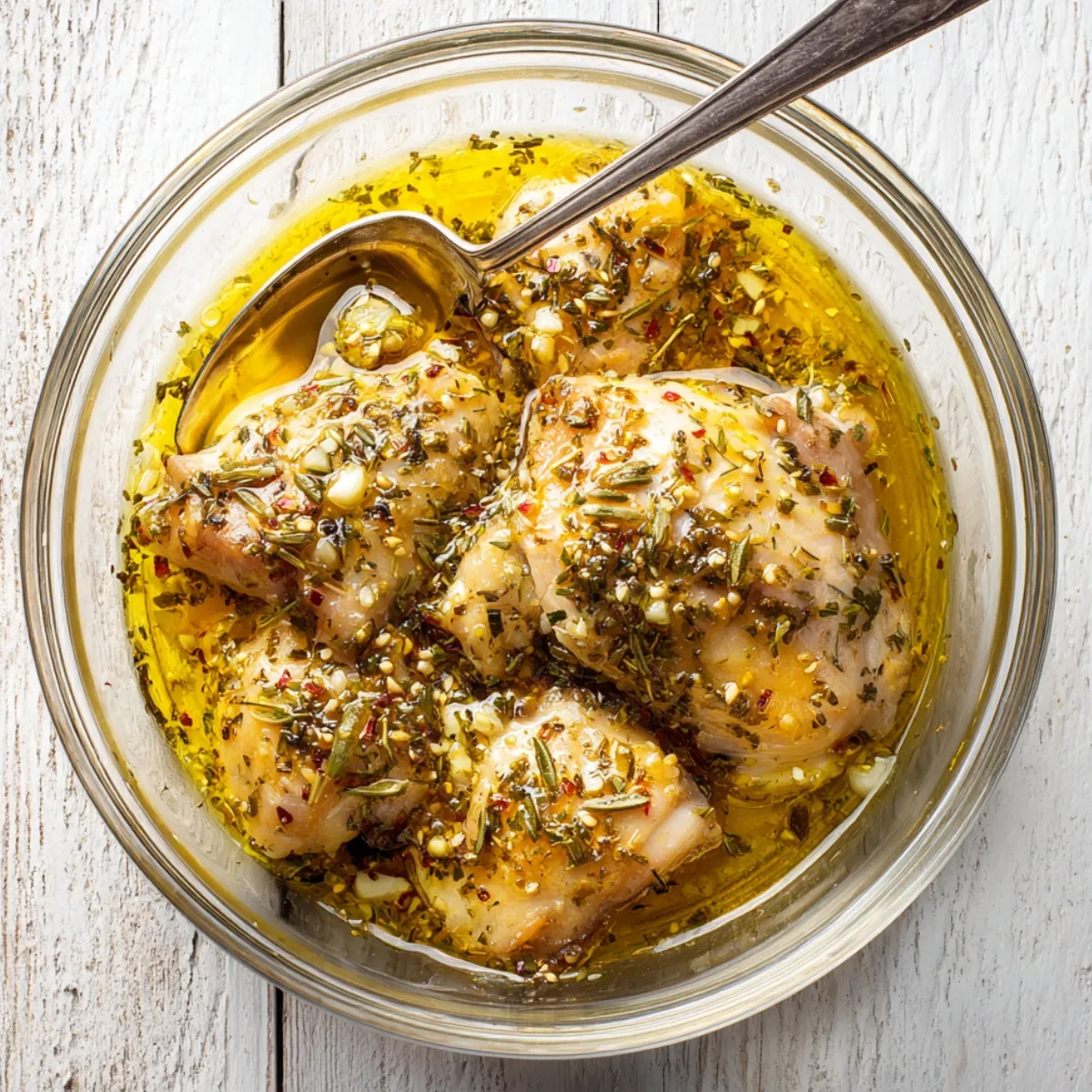 Raw chicken thighs marinating in olive oil, garlic, herbs, and spices in a glass bowl with a spoon.