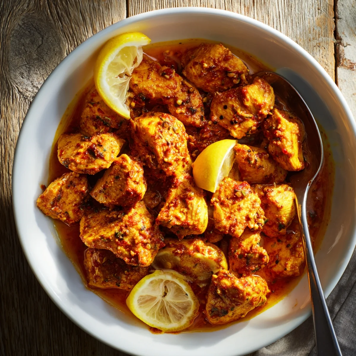 Homemade marinated chicken in a white bowl coated with a rich spiced yogurt and lemon marinade, garnished with lemon wedges, ready for roasting on a rustic wooden table.