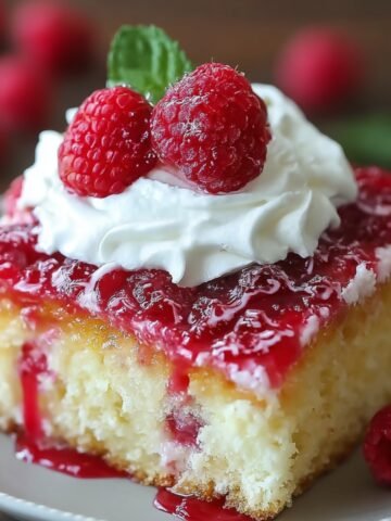 A homemade slice of raspberry zinger poke cake topped with whipped cream, fresh raspberries, and glossy raspberry sauce.