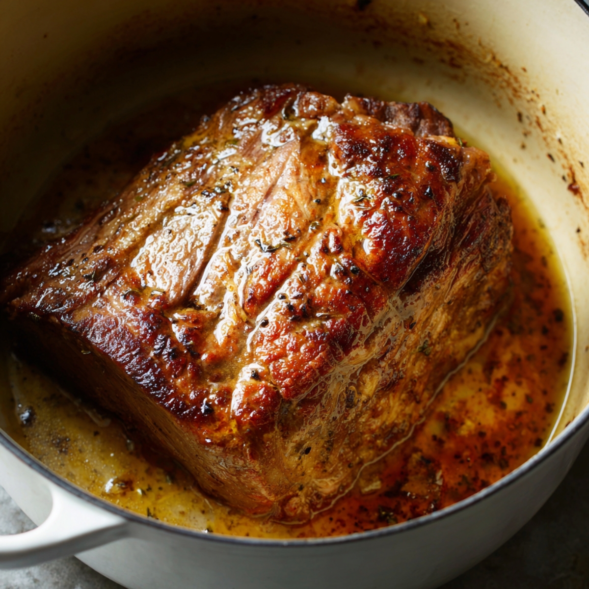 Homemade French onion pot roast searing in a Dutch oven, showing a golden-brown crust with sizzling juices and browned bits forming around the edges for deep flavor.