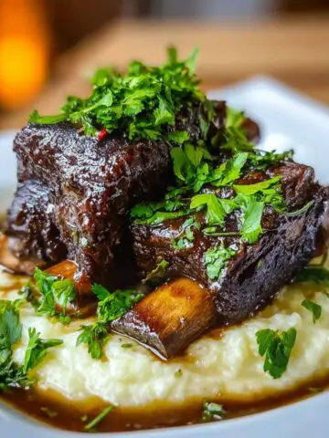 Braised Short Ribs Recipe served over creamy mashed potatoes, topped with fresh chopped parsley and coated in a rich, glossy sauce.