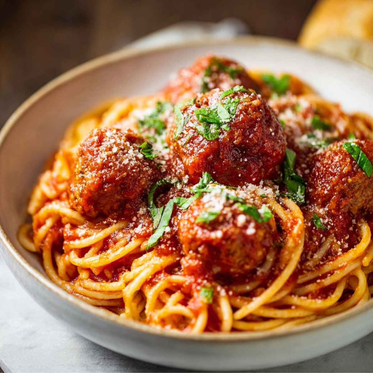 Spaghetti and Meatballs topped with meatballs in rich tomato sauce, sprinkled with Parmesan and fresh parsley.