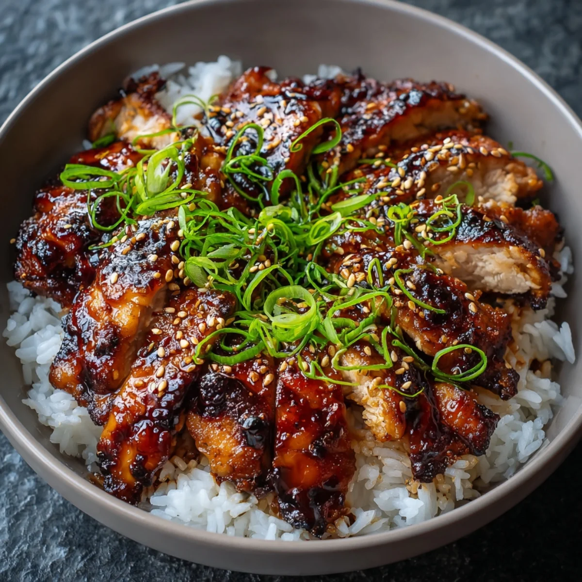 Homemade teriyaki chicken sliced over steamed white rice, glazed in a thick soy-honey sauce, and topped with toasted sesame seeds and fresh green onions.