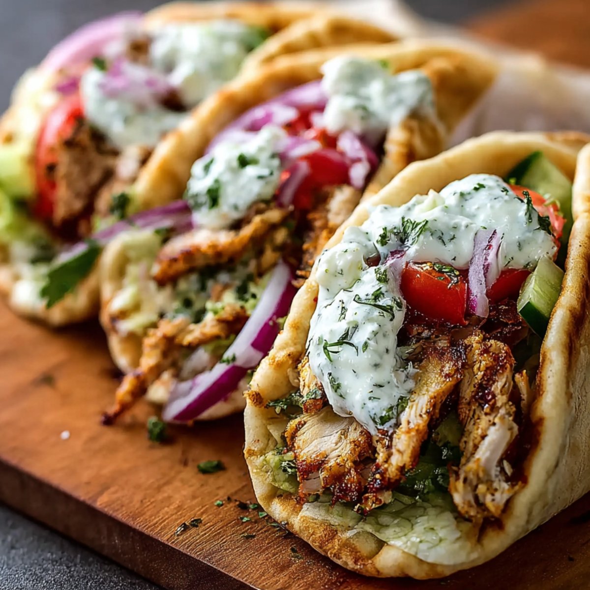 Two homemade chicken gyros wrapped in warm pita, filled with grilled chicken, fresh veggies, tzatziki, and feta, served with fries.