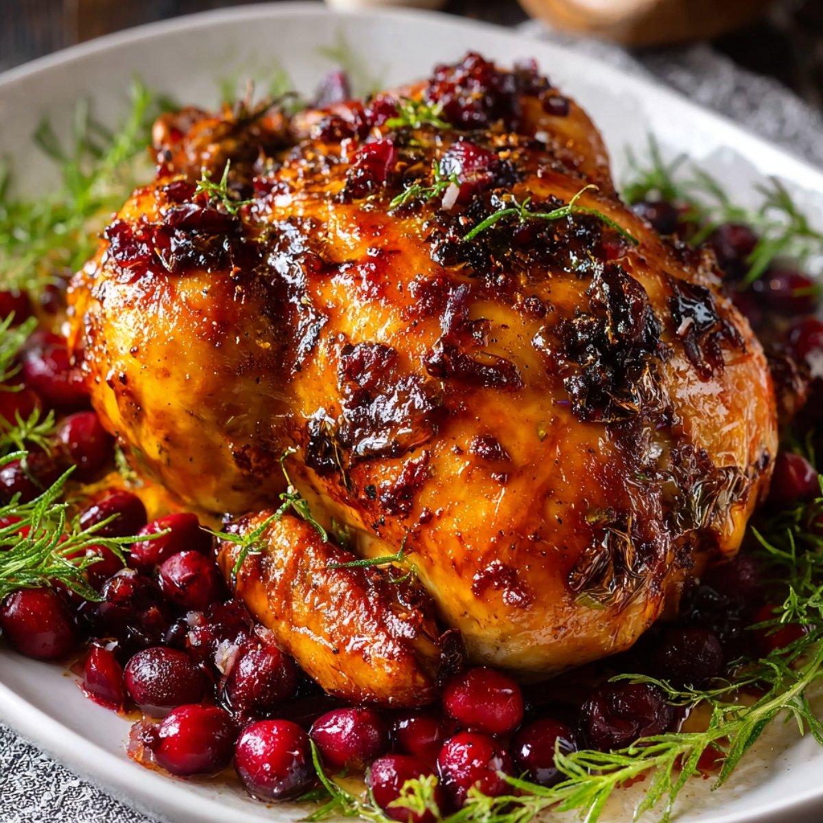Homemade cranberry maple roast chicken with golden caramelized skin, fresh rosemary, and whole cranberries on a white serving platter.
