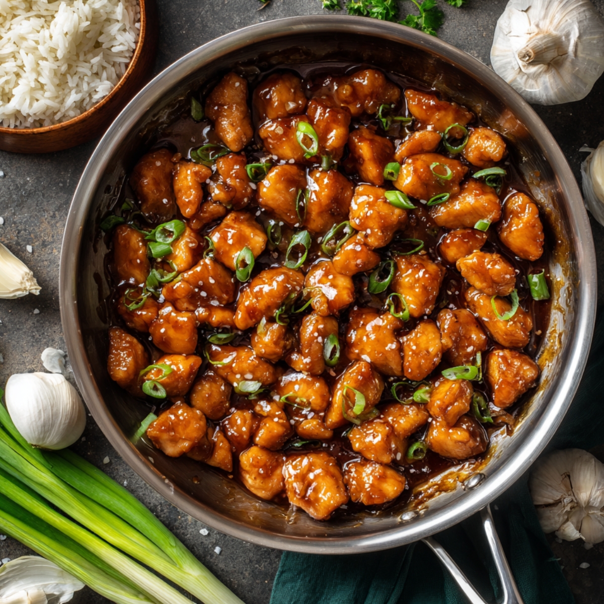 Skillet filled with glossy homemade honey garlic chicken bites topped with sliced green onions, surrounded by fresh garlic cloves, green onions, and a bowl of rice.