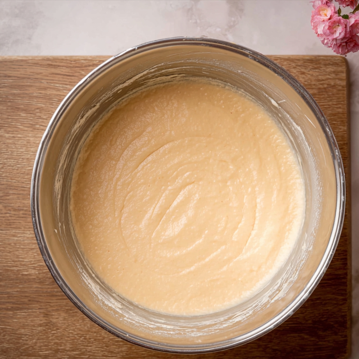 Pour in the milk and sour cream, mixing on low speed just until blended.