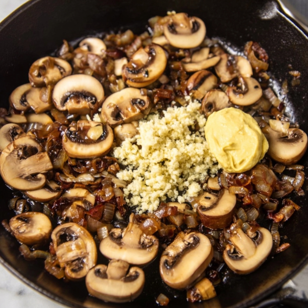 Stir in the Dijon mustard, Worcestershire sauce, and minced garlic. Let everything cook for about a minute—you'll smell the garlic release its aroma, and that's when you know it's time to move on.