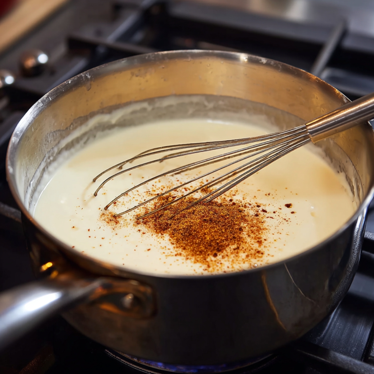 Here's where it gets good. Slowly pour in your warmed milk and cream, about half a cup at a time, whisking constantly. The sauce will thicken as you go. Once all the dairy's in, stir in the mustard powder, that Sweet & Smoky Rub, and a good pinch of salt. Keep whisking until it's thick enough to coat the back of a spoon. Don't let it bubble too hard or it might break.