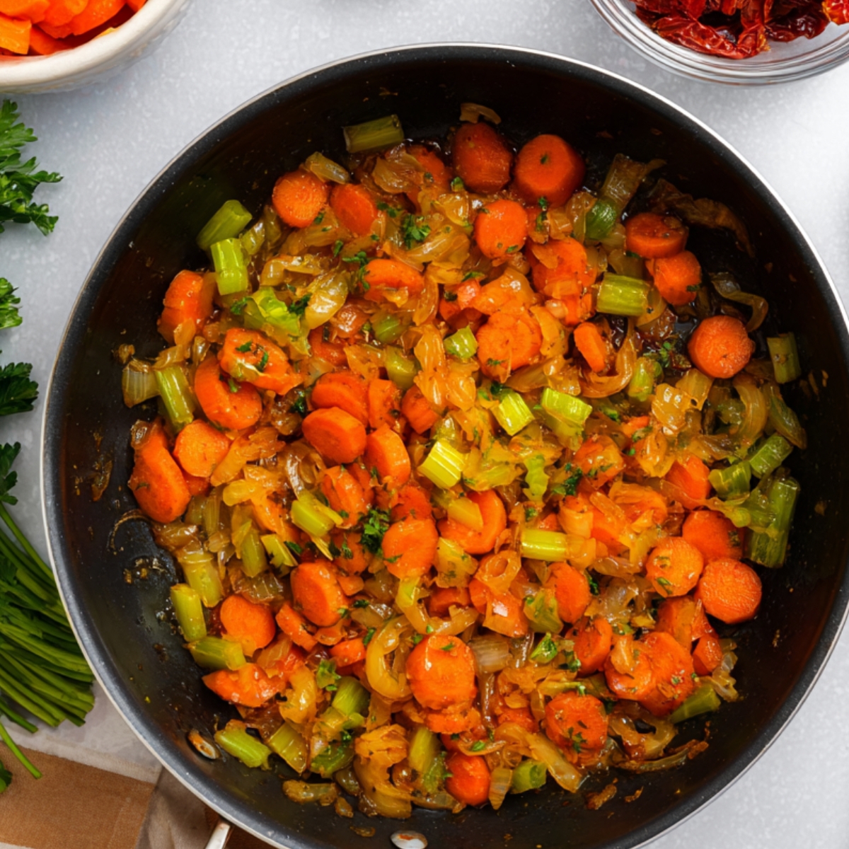 Stir in the chopped carrots, celery, minced garlic, paprika, and Italian seasoning. Sauté everything together for another 3 to 4 minutes, stirring often, until the vegetables start to soften and the garlic smells fragrant.