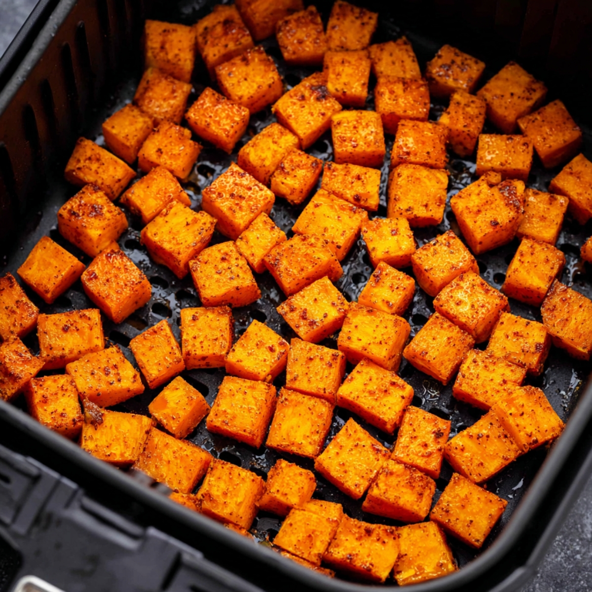 Cubed sweet potatoes seasoned and placed in an air fryer basket, ready for cooking.
