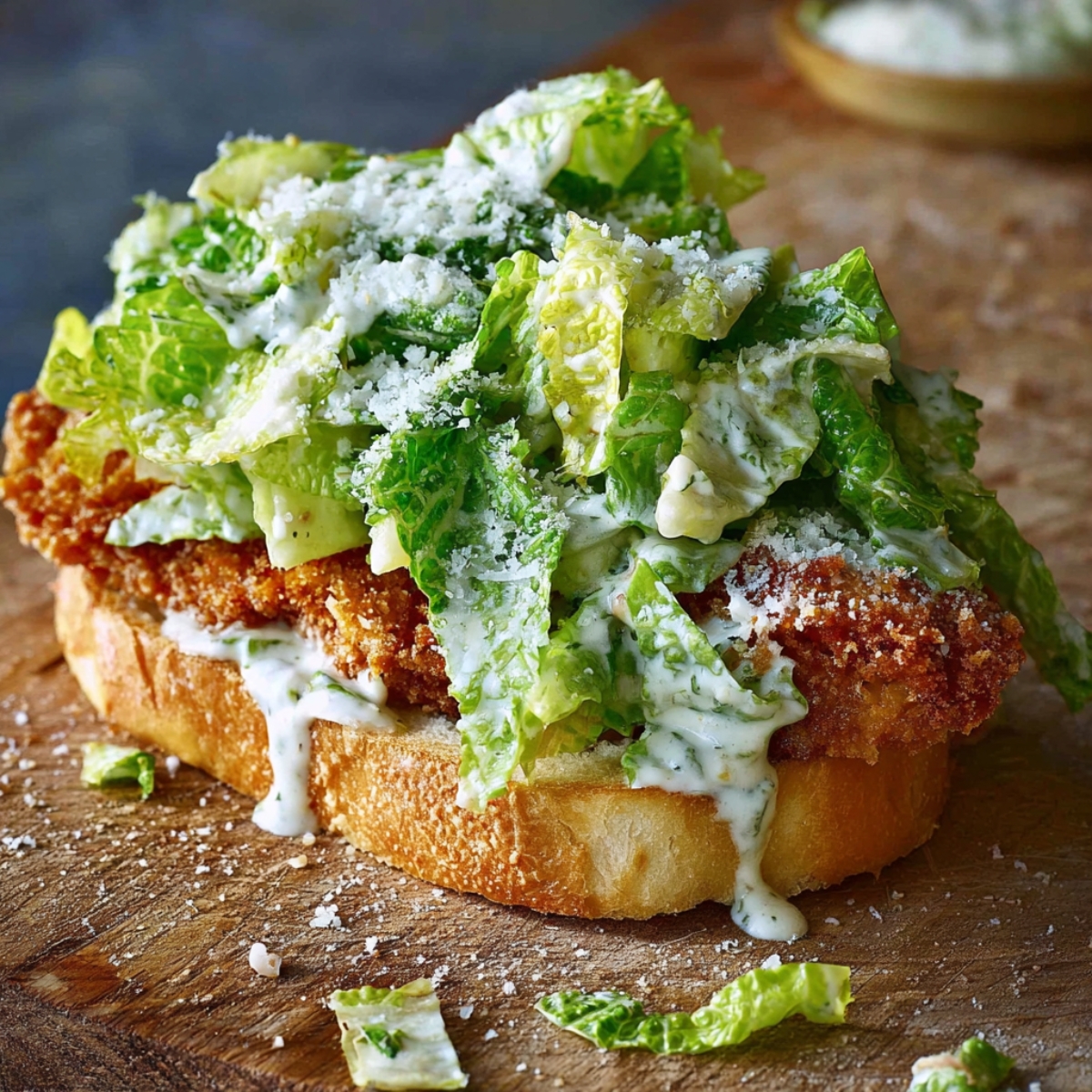 Slice your baguettes into 5-inch sections and cut each piece open lengthwise, leaving one side attached like a hinge. Spread a generous layer of the reserved Caesar dressing on both cut sides of the bread. Place one crispy chicken cutlet on the bottom half, then pile on a good helping of the dressed romaine salad. Sprinkle extra grated Parmesan on top for good measure, then close the sandwich.