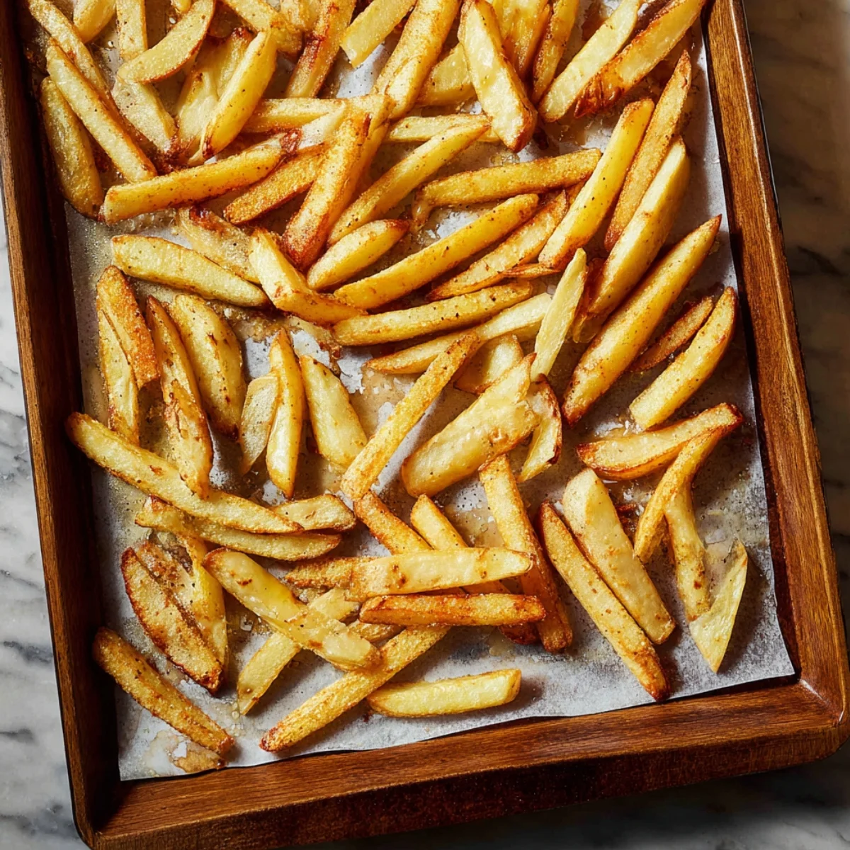 Preheat your oven to 450°F. Use a slotted spoon to transfer the coated fries onto a non-stick baking sheet in a single layer, leaving space between each one. Bake for 10 minutes, then carefully rotate the pan. Continue baking for another 6 to 9 minutes, watching closely so the edges turn golden without burning.