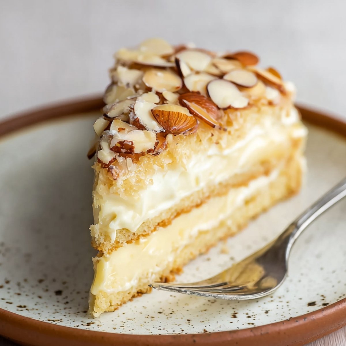 Slice of bee sting cake with creamy custard filling and almond topping on a plate.