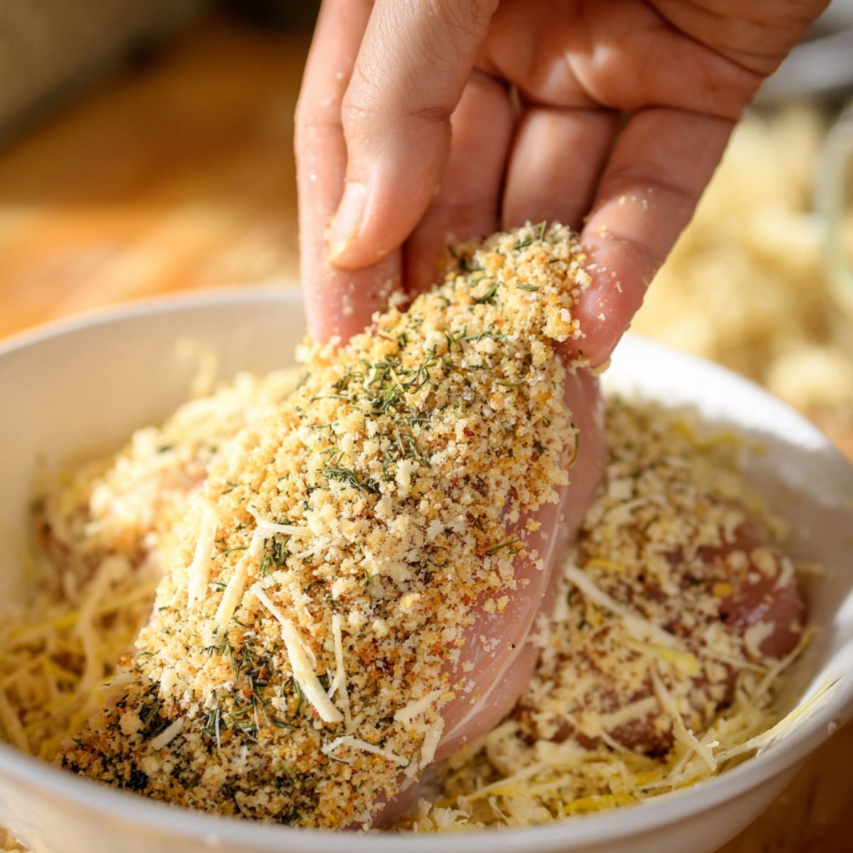 Dredge each chicken cutlet in the egg mixture first, letting any excess drip off. Then press it firmly into the breadcrumb mixture, making sure it's fully coated on both sides. Set the breaded pieces on a plate while you heat the oil.