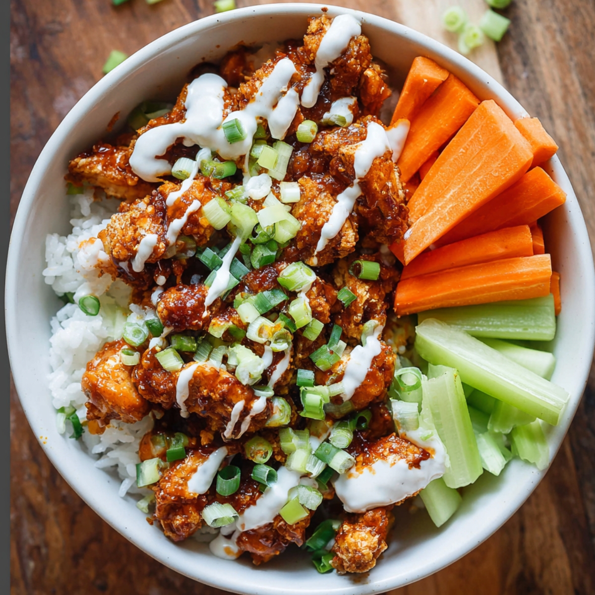 Buffalo chicken bowl with rice, ranch drizzle, celery, and carrots.
