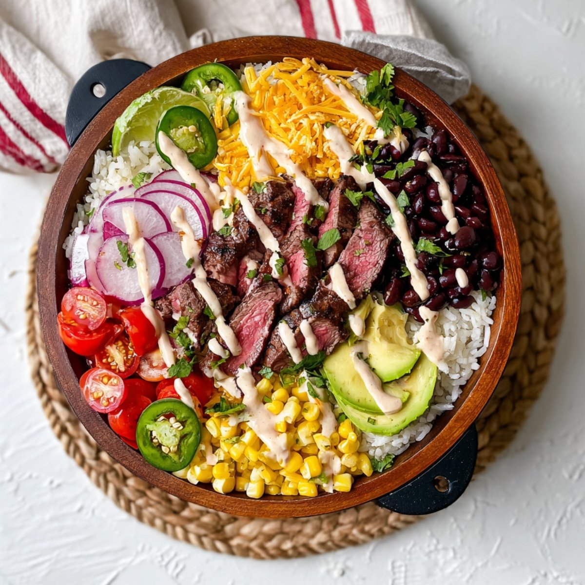 Start with a scoop of rice, then pile on the steak, avocado slices, black beans, corn, cheese, and diced onion. Drizzle generously with lime crema, and you're done.