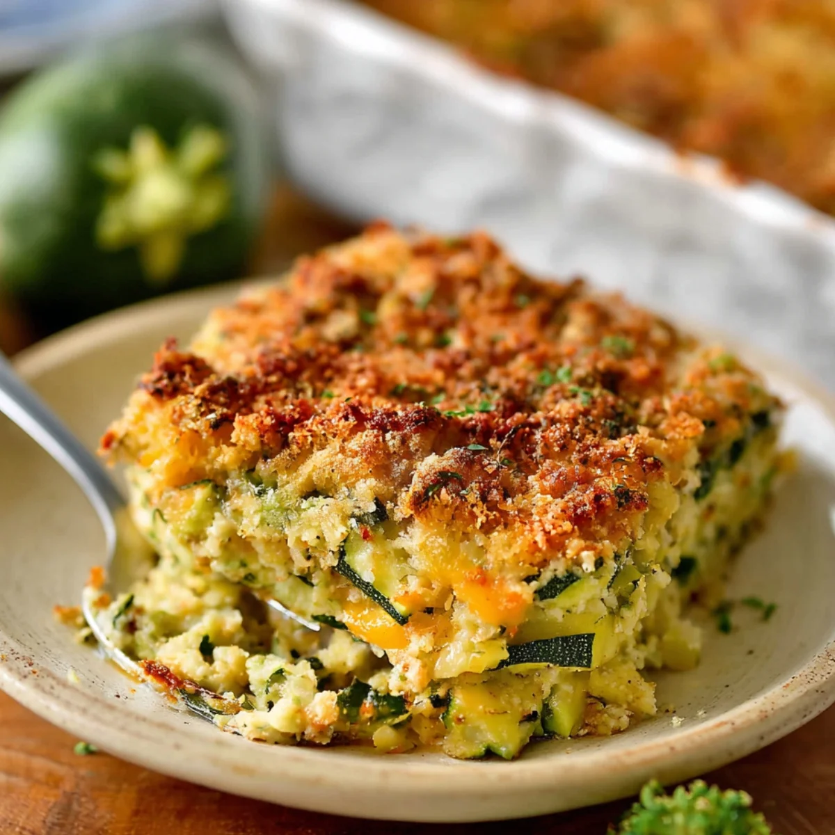 Close-up of a homemade cheesy zucchini casserole with a golden, crispy topping, as a serving is lifted from the baking dish showing moist shredded zucchini and melted cheese inside.