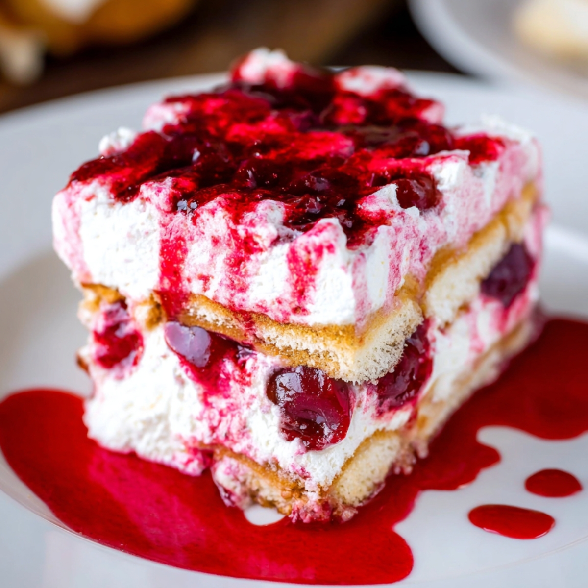 A slice of homemade cherry amaretto tiramisu topped with whipped cream and cherry syrup, served on a white plate.
