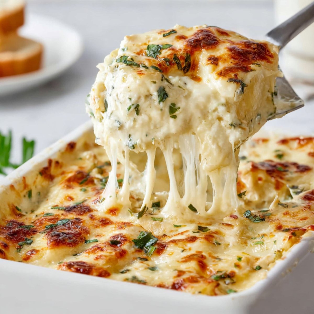 Creamy homemade chicken alfredo lasagna with melted cheese stretching as a slice is lifted from the pan.
