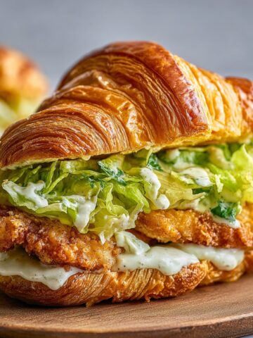 Chicken Croissant Sandwich, lettuce, and creamy sauce in a flaky croissant.